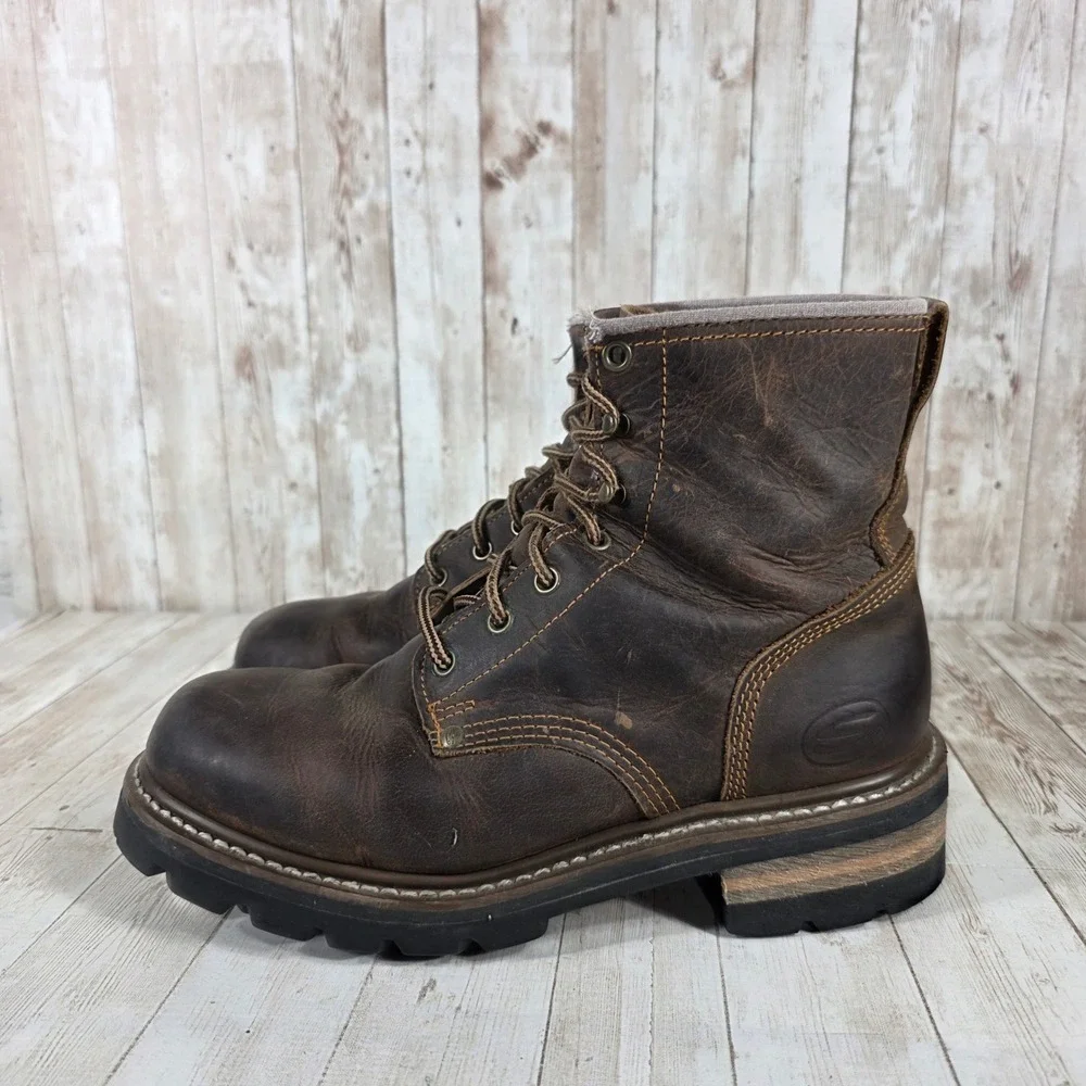 Mens Brown Leather Lace Up Work Boots Rugged Durable Construction‎ Size 9